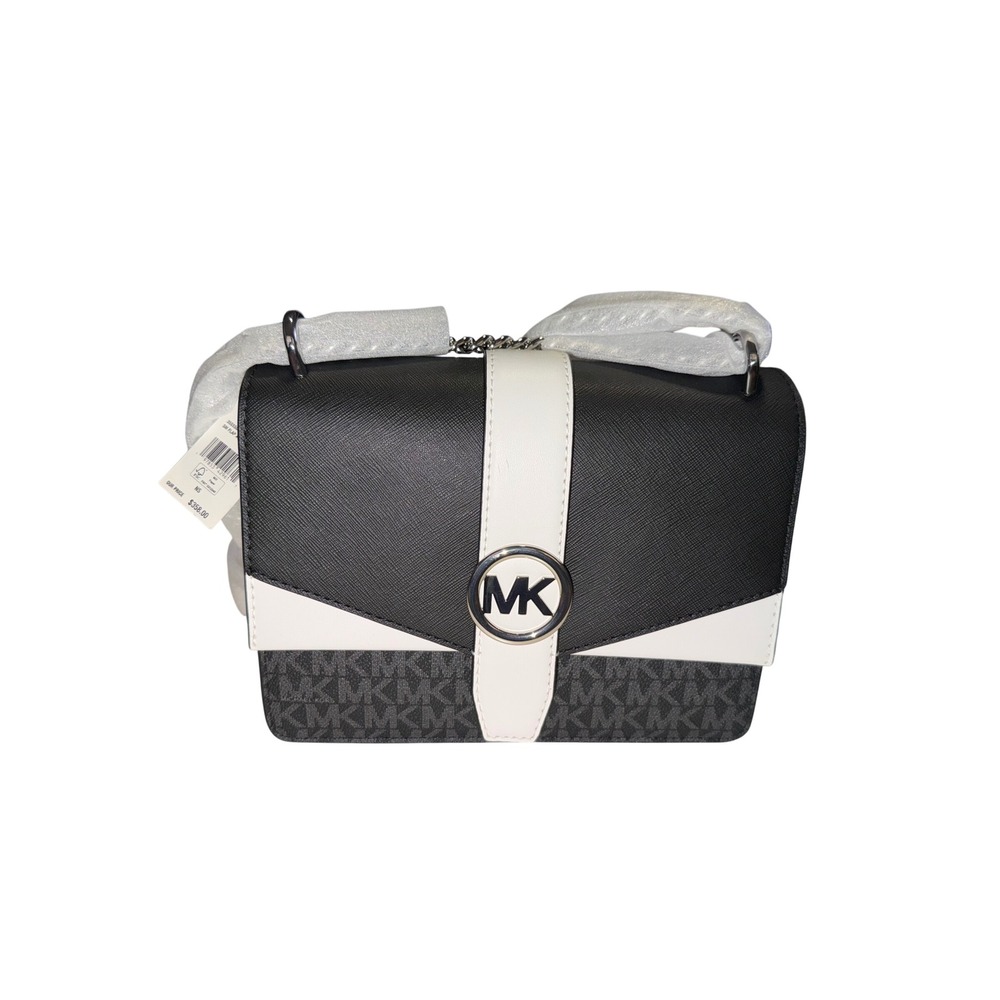 435. Michael Kors Wich Small Flap Shoulder Crossbody Bag Black/White Women Purse